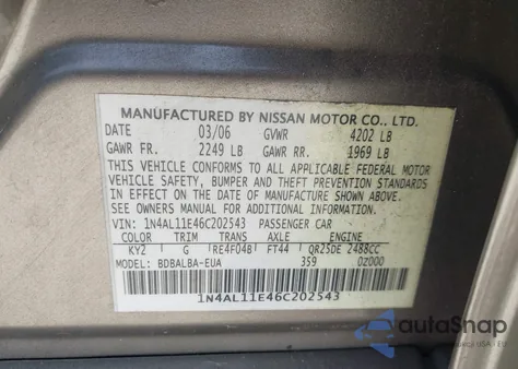 2006 Nissan Altima 2.5 S из США, поврежденный, VIN 1N4AL11E46C202543